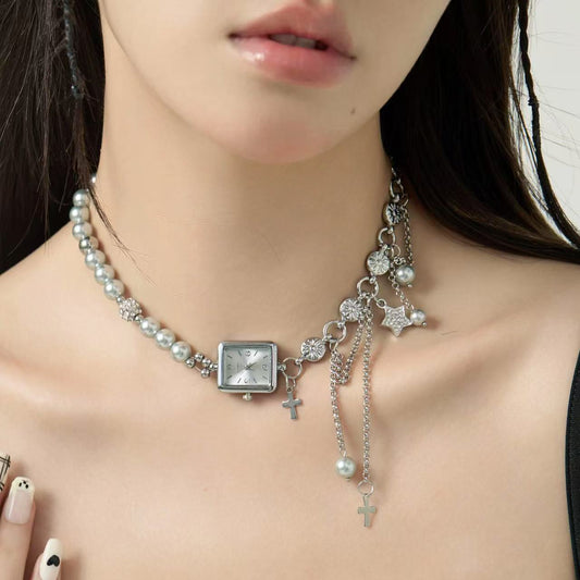 evilyumi Pearl Stitched Clock Necklace